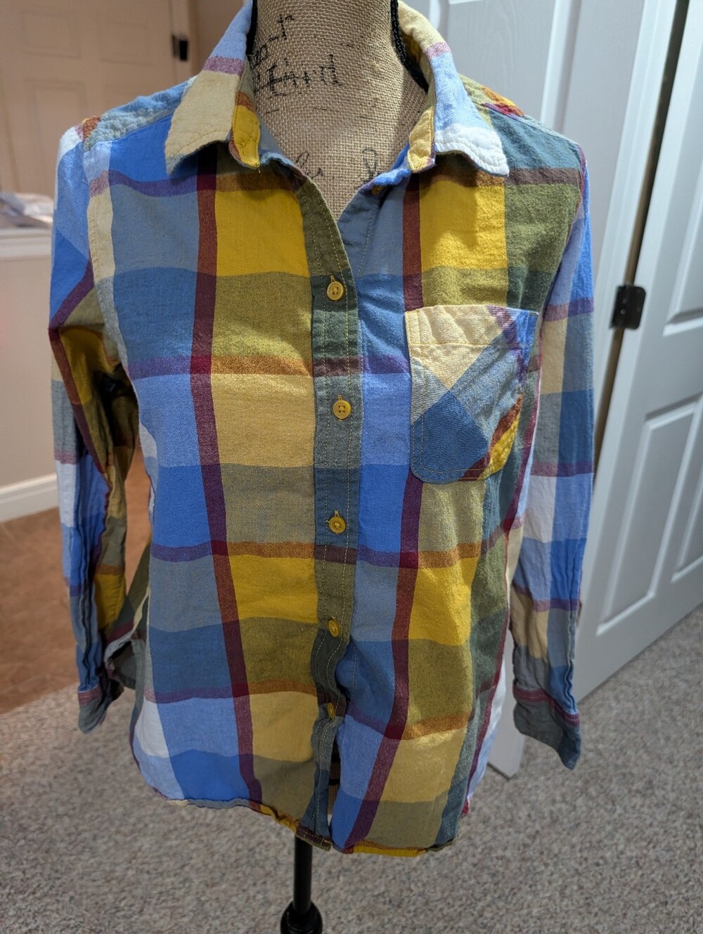 Time and Tru Plaid Button-Down Shirt in Yellow, Blue & Green